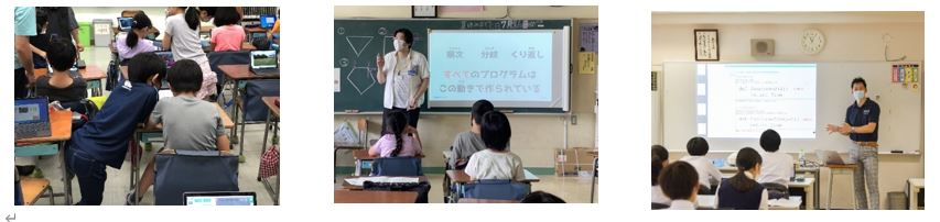 ▲左：渋谷区立加計塚小学校でのＤｅＮＡによるプログラミング授業の様子、中央：渋谷区笹塚小学校でのＧＭＯインターネットによるプログラミング授業の様子、右：渋谷区立鉢山中学校でのミクシィによるプログラミング授業の様子